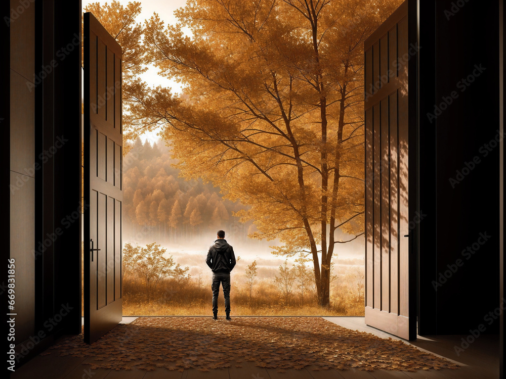 Poster a man standing at an open door with an autumn landscape of trees and fog.. generative ai.