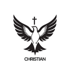 Christian Logo template with dove, pigeon. Black and white christian holy spirit symbol