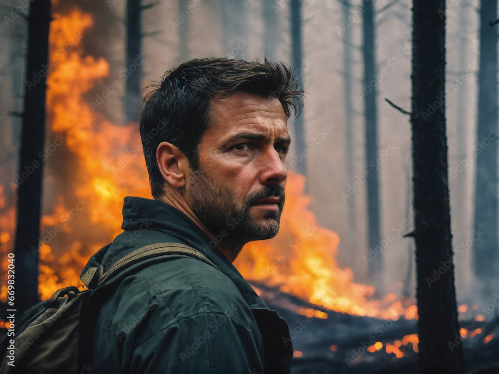 Poster man rescues himself from a forest fire. generative ai.