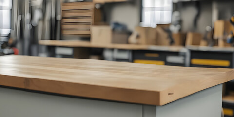 Wooden tabletop counter. in front out of focus Tool storage room. copy space.