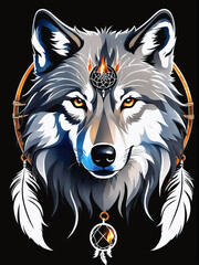 Obraz premium tribal depiction of a gray wolf with Indian attributes. Generative AI.