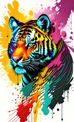 Portrait of a tiger in multicolored dripping paint
