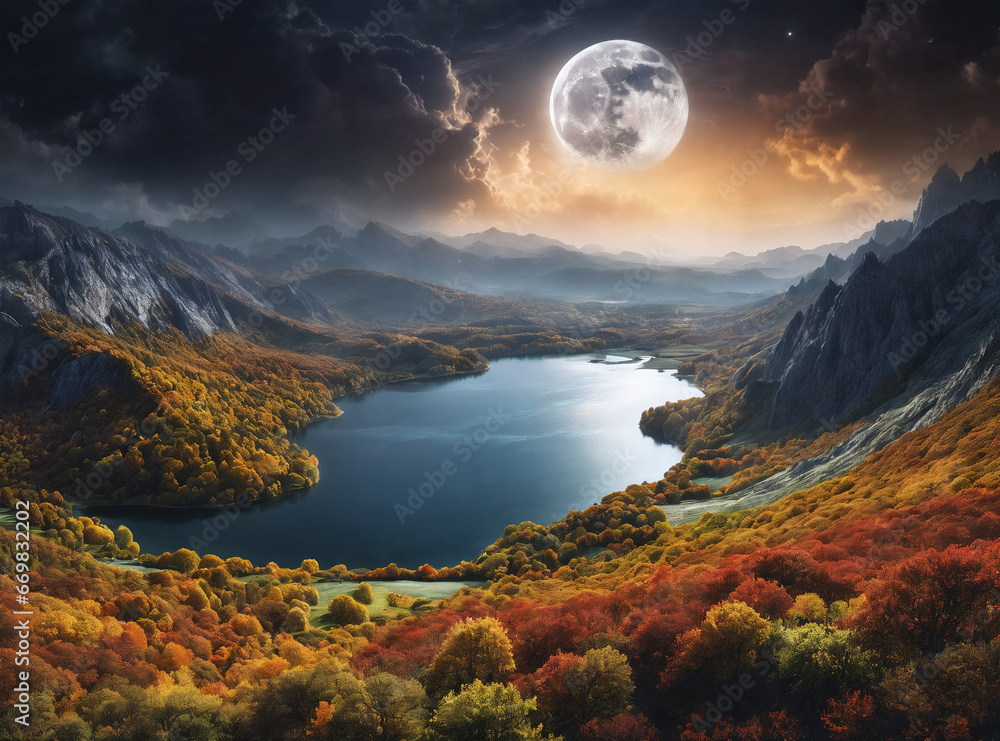 Poster a lake in a valley between mountains, a huge moon in the sky.. generative ai.