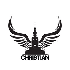 Christian Logo template with church, temple and dove wings. Black and white christian symbol. Pigeon wings and church tower logotype