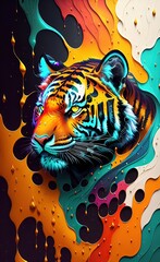 Portrait of a tiger in multicolored dripping paint