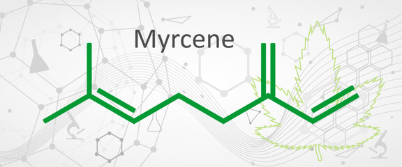 Myrcene, or beta-myrcene, is an olefinic natural organic hydrocarbon. It is more precisely classified as a monoterpene. Use in fragrance and flavor industries. Skeletal chemical formula.