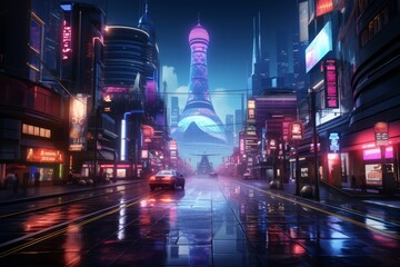 Fototapeta na wymiar Colorful Cyberpunk metaverse city background. Concept art, Digital painting. Fantasy illustration.