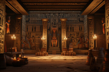 Ancient Egyptian-inspired chamber with hieroglyphics, artifacts, and torches - obrazy, fototapety, plakaty