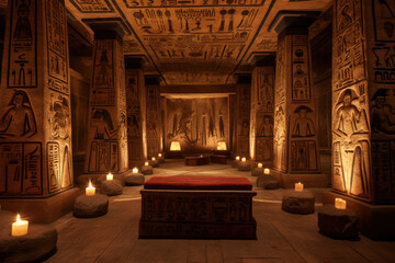 Ancient Egyptian-inspired chamber with hieroglyphics, artifacts, and torches