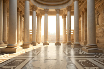 Ancient Greek temple interior with marble columns, statues, and classical art - obrazy, fototapety, plakaty