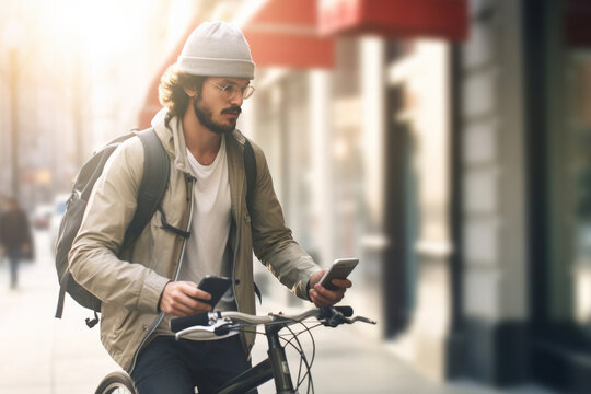 An urban man pushing bicycle and using phone while passing by window, high key photo 