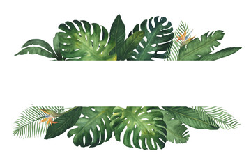 Watercolor illustration banner, frame or template composition of tropical monstera leaves. Green tropical plants, hand drawn, isolated