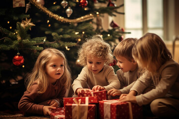 Fototapeta na wymiar Children opening Christmas presents 
