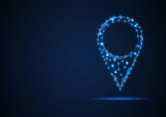 Wireframe map pin location line and dots abstract blue vector icon. Digital technology world gps navigation low poly concept. Triangle direction and pointer sign illustration.