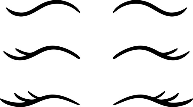 Closed eye with eyelashes cute vector icon set for cartoon character illustration. Sleep girl or unicorn long eyelash line simple face part graphic makeup mascara symbol.