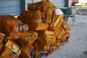 dried hardwood in sacks