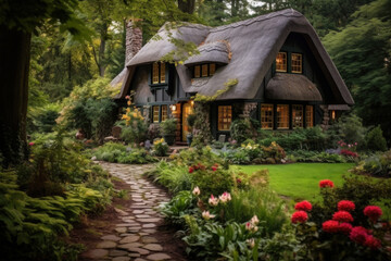Fototapeta na wymiar Cozy cottage in the woods with a thatched roof, flower-filled gardens, and a rustic charm