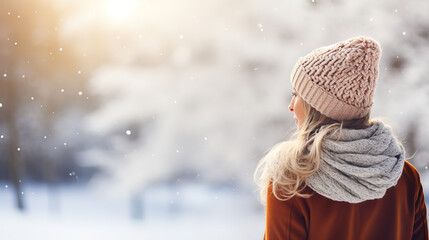 Fototapeta premium Image of a woman in the winter, with winter landscape bokeh in the background, with empty copy space