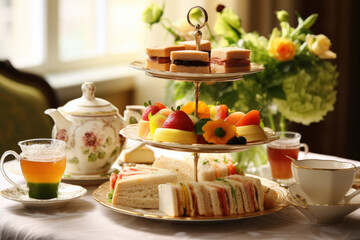 Obraz na płótnie Canvas Elegant Afternoon Tea Spread with Fresh Sandwiches