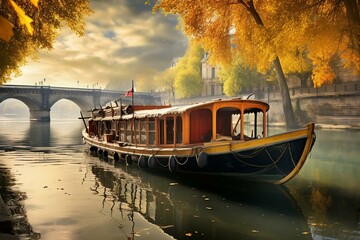 boat on the seine river in france in art form. Generative AI - obrazy, fototapety, plakaty