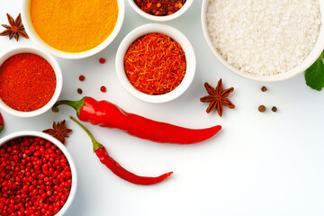 Beautiful composition with various spices on white background