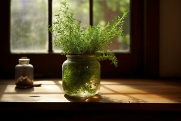 thyme jar on table. Generative AI