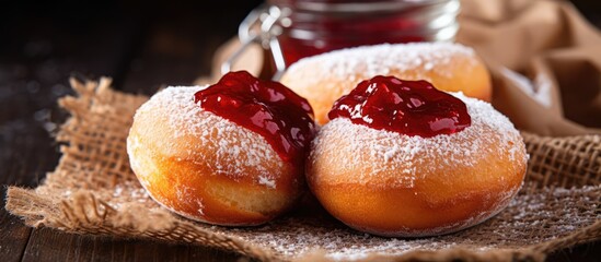 Closeup of scrumptious donuts with jam on rustic cloth - obrazy, fototapety, plakaty