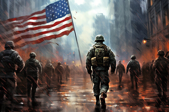 American soldier on background of  flag of America