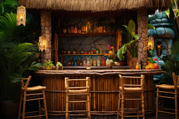 Hawaiian tiki bar with bamboo furniture, tiki torches, and tropical cocktails