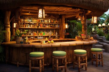 Hawaiian tiki bar with bamboo furniture, tiki torches, and tropical cocktails - obrazy, fototapety, plakaty