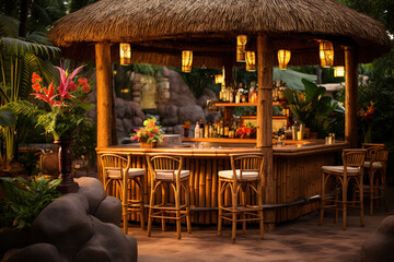 Fototapeta na wymiar Hawaiian tiki bar with bamboo furniture, tiki torches, and tropical cocktails