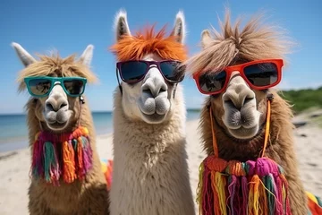  Three llamas in sunglasses take a selfie on the beach. Beach holiday, vacation concept. Generated by artificial intelligence © Vovmar