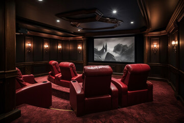 Home theater with plush leather recliners, a large screen, and popcorn - obrazy, fototapety, plakaty