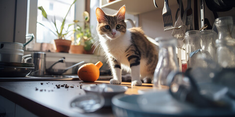 cat in the kitchen,Cat On Counter , Free photo close up on beautiful cat generative ai
