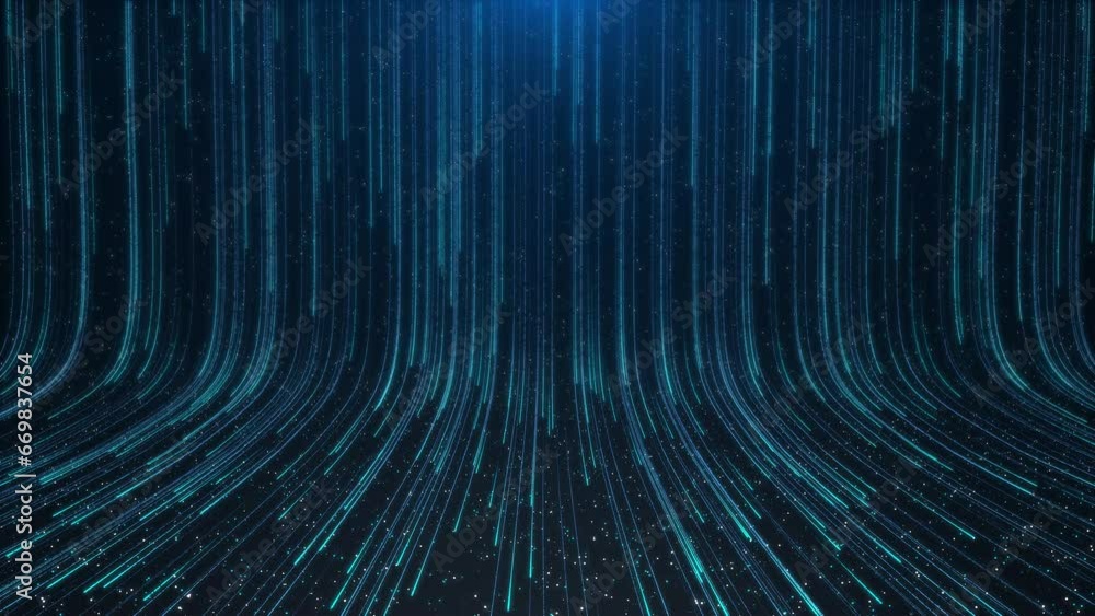 Poster 4k 3d digital particle wave lights animation. data cyber technology background concept. line wave li