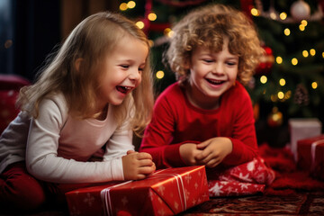 Fototapeta na wymiar The boy and girl received their Christmas gifts and are happy. Smiling children in Christmas clothes with gifts