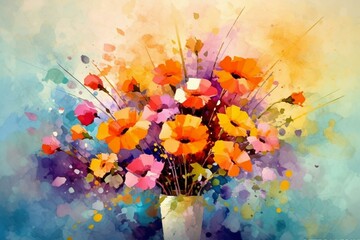 Vibrant abstract painting with a bouquet of flowers in impressionist style and artistic watercolor texture. Generative AI