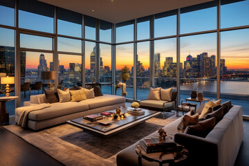 Luxurious penthouse with floor-to-ceiling windows, city skyline views, and modern furnishings