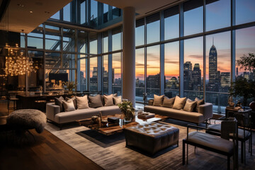 Luxurious penthouse with floor-to-ceiling windows, city skyline views, and modern furnishings