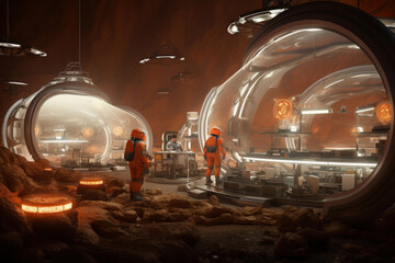 Martian colony interior with modular habitats, futuristic technology, and astronauts at work