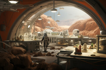 Martian colony interior with modular habitats, futuristic technology, and astronauts at work