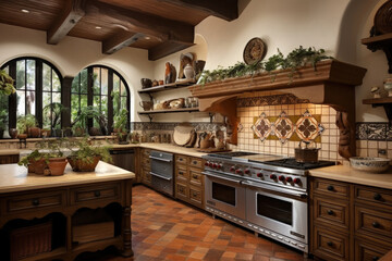 Mediterranean villa kitchen with tiled backsplash, wrought iron details, and terra cotta floors