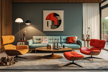 Mid-century modern living room with iconic furniture and a retro color palette