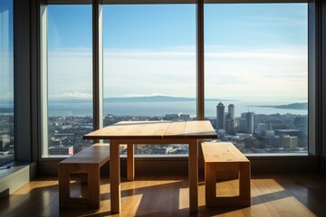 A space with a table, seat, and a view. Generative AI