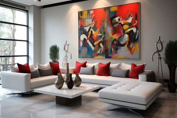 Modern living room with contemporary sofas, artistic paintings on the walls, and a coffee table