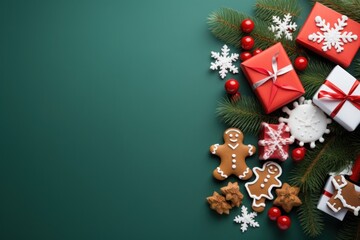 Christmas Banner with some presents, gingerbread man cookies on green background. Generative AI.