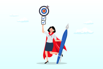 Businesswoman super heroine finish task checklist to achieve work target, finish work, achieve goal, responsibility, effort, productivity, efficiency to complete project, challenge to success (Vector)