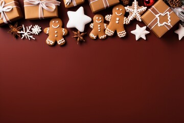 Christmas Banner with some presents, gingerbread man cookies on red background. Generative AI.