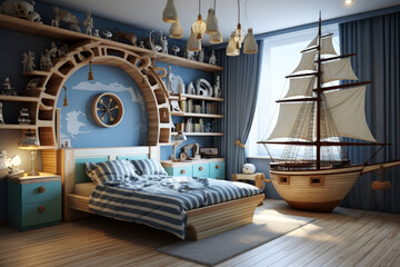Nautical-themed children's room with a ship-shaped bed, maritime decor, and a sailor's charm
