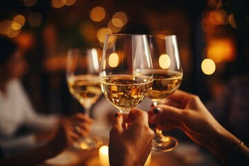 close up hands friends toasting white wine at dinner party in restaurant. Generative AI.